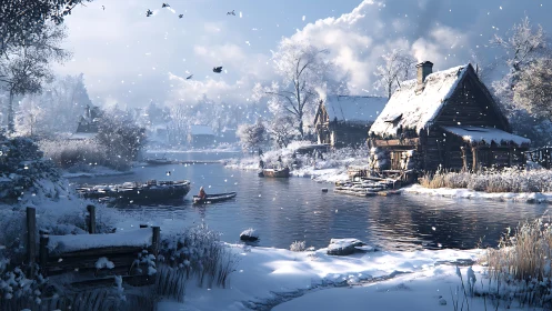 Snowy riverside cabins glow softly in peaceful winter light