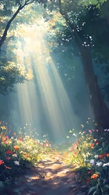 Volumetric sunbeams over chromatic forest understory path.