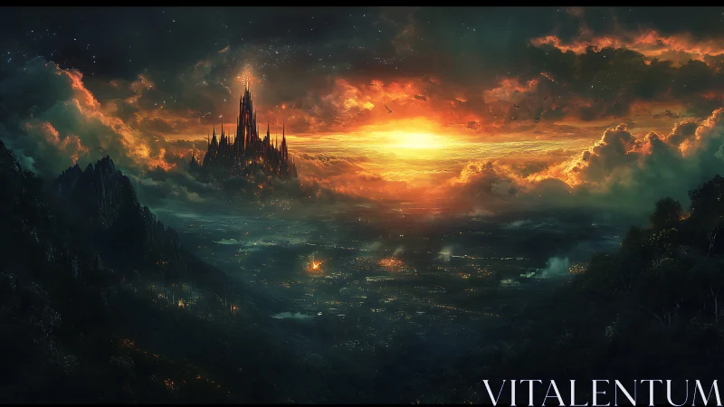 Celestial citadel crowns luminous valley beneath burning sky.