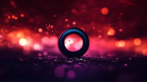 Futuristic glowing ring on textured surface with vibrant bokeh lights.