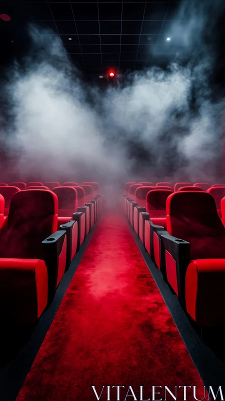 Empty cinema aisle glows under dense atmospheric fog.