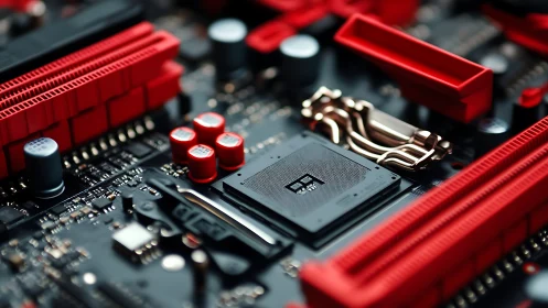 High-detail motherboard closeup shows CPU socket and red slots