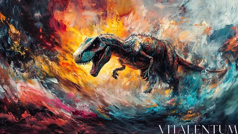 Ferocious tyrannosaur charges through swirling inferno storm