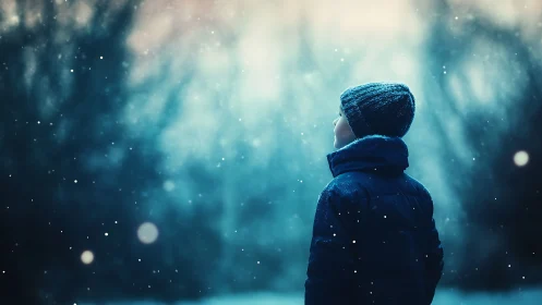 Winter child in profile beneath ethereal blue snowfall glow.