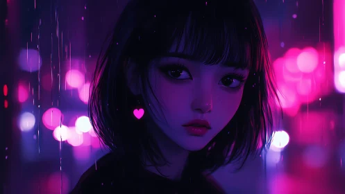 Soft neon night wraps a thoughtful girl in gentle city glow