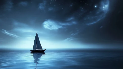 Gentle sailboat drifts under a glowing, dreamlit night sky