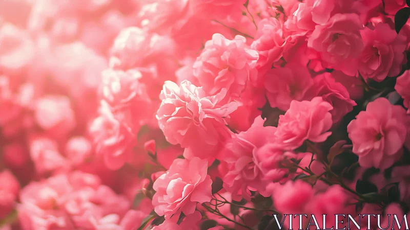 Pink garden roses in soft focus bloom with luminous petals.