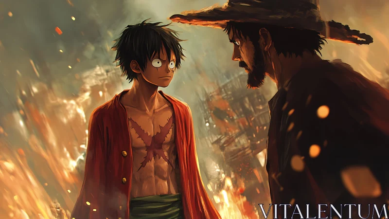 Fiery shore standoff between scarred youth and shadowed mentor.