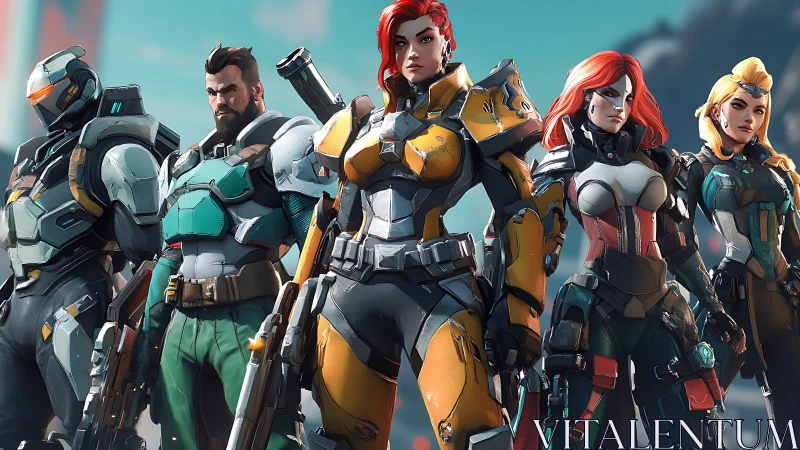 Squad of armored sci fi operatives in stylized heroic lineup