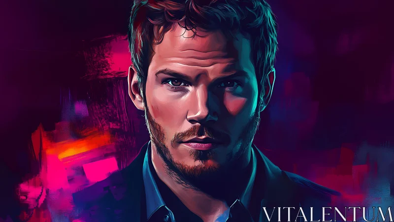 Digital portrait of intense man over neon abstract background.