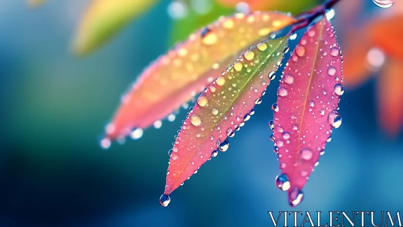 Dewy rainbow-tinted leaves glow against a soft blue bokeh.