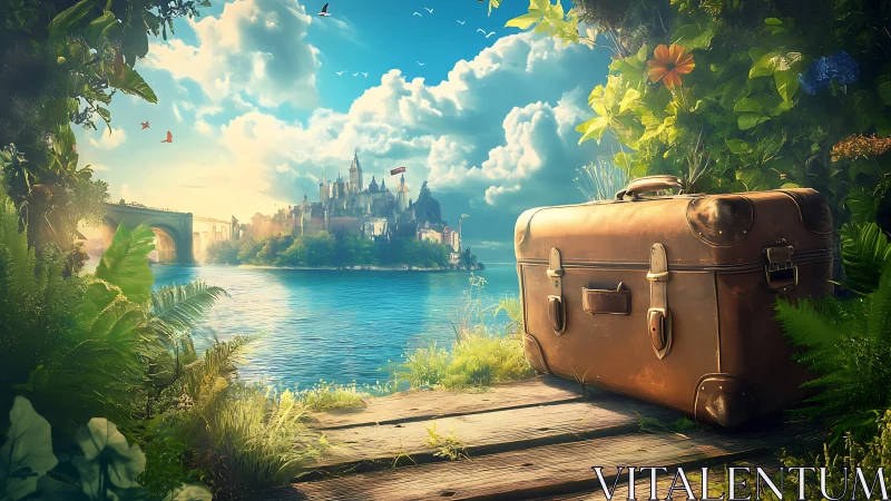 Vintage Leather Suitcase in Enchanted Lakeside Landscape.