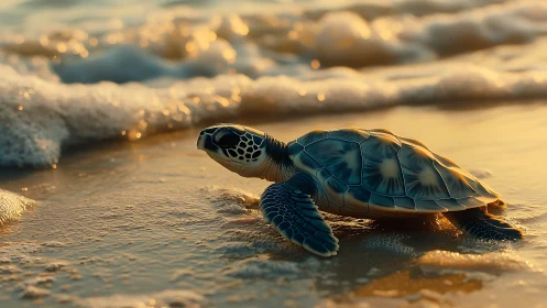 Baby sea turtle greeting the golden shoreline at sunset.