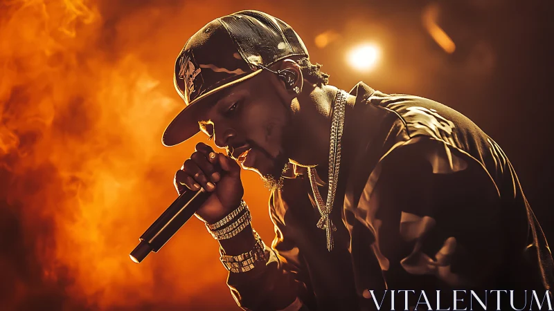 Hip hop performer raps onstage in dramatic orange haze.