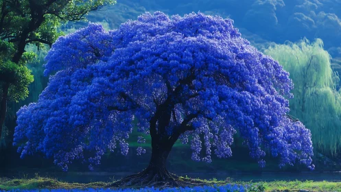 Majestic blue blossom tree in vibrant fantasy landscape painting.