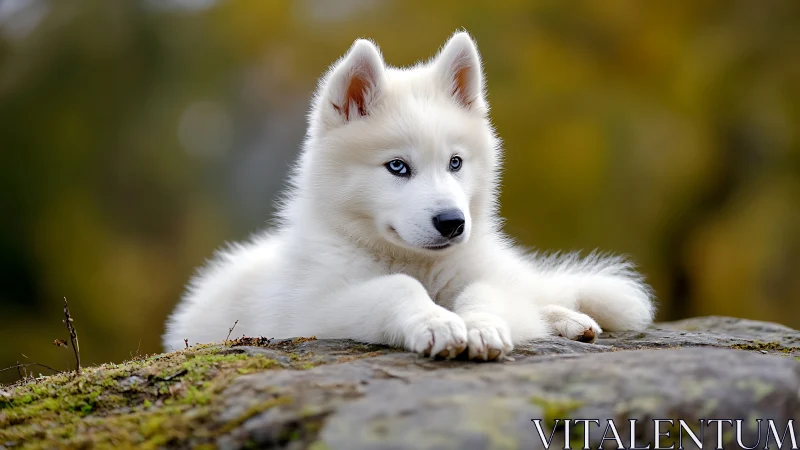White husky puppy resting on mossy rock in soft focus woods.