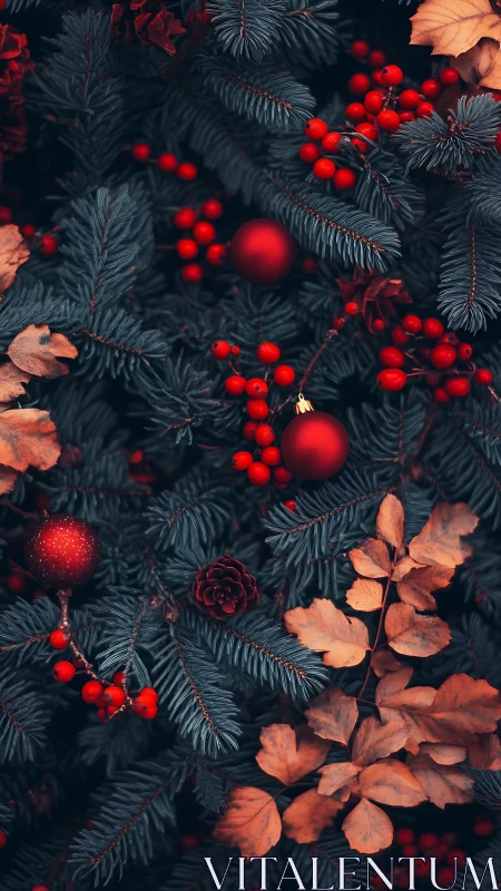 Deep spruce branches cradle red berries and ornaments