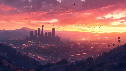 Urban skyline with sunset over valley and distant hills.