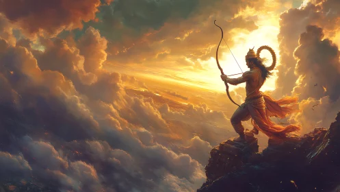 Warrior archer on cliff against dramatic golden sky.