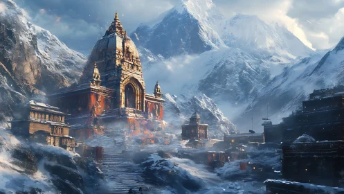 Sacred mountain temple glows warmly amid snow covered peaks