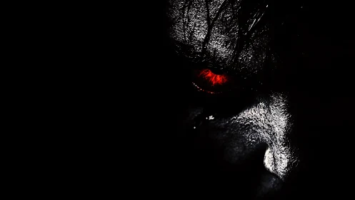 Ultra high contrast demonic face closeup with glowing red eye