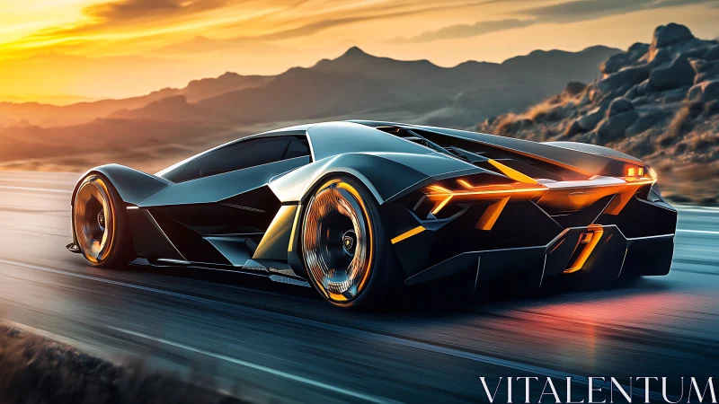Futuristic hypercar accelerates along sunset mountain highway.