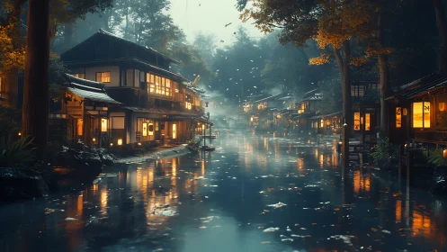 Lantern-lit riverside ryokan dreaming under misted dusk.
