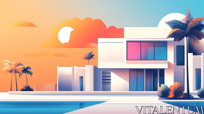 Sunlit modern villa by the pool in dreamy pastel colors.
