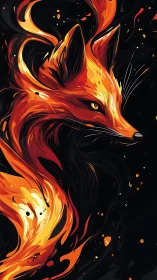 Fiery fox spirit blazes through dark abstract shadows