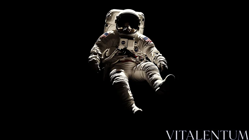 Solitary astronaut floats in deep space against stark black