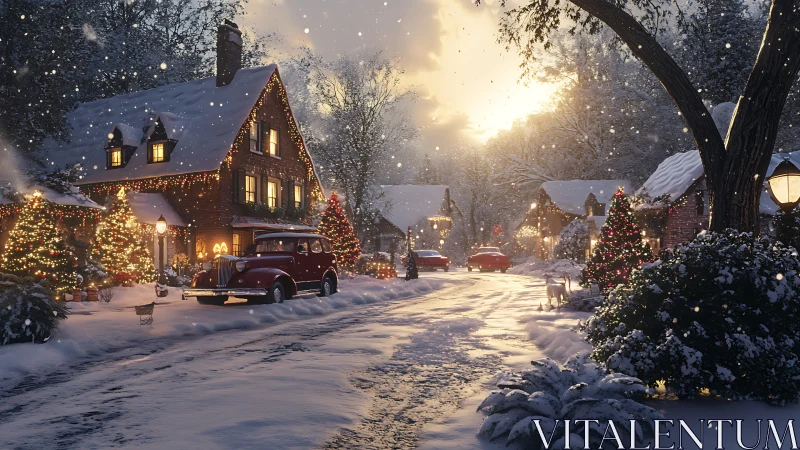 Cozy snowy village street glowing with gentle holiday lights.