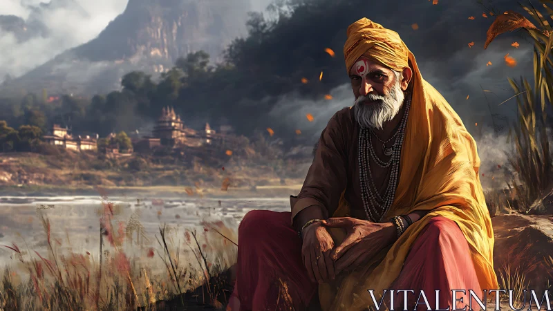 Mountainfront mystic resting in saffron dusk calm.