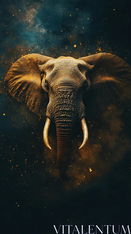 Celestial elephant emerges from embers in cosmic dusk.