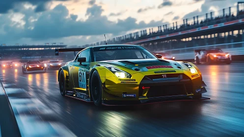 Golden GT-R slices through neon rain on twilight racetrack.