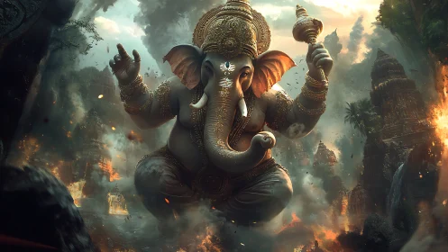 Elephant-headed deity hovers amid burning stone temples