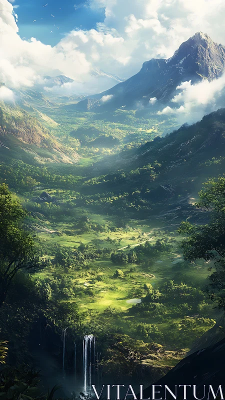 Luminous alpine valley with cascading waterfall and cloud-laced peaks.
