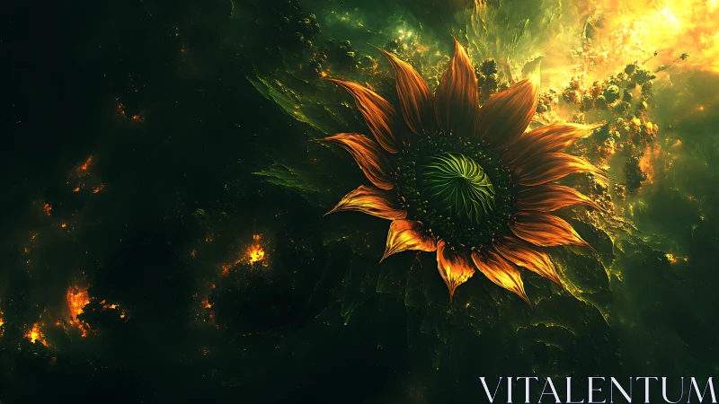 Fiery abstract sunflower against dark cosmic background.