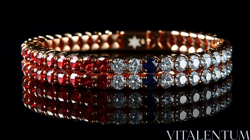 Jewel-toned tennis bracelet mirrors midnight sparks on glass.