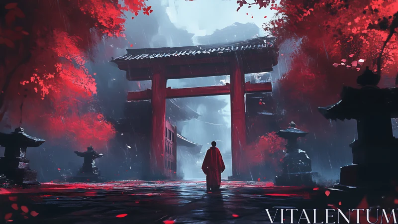 Monastic silhouette under rain‑lit torii in crimson fogscape.