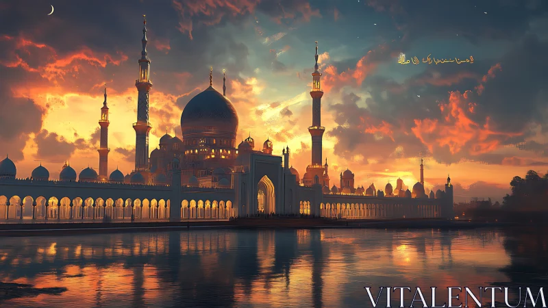 Sunset minarets mirror golden fire across tranquil water.