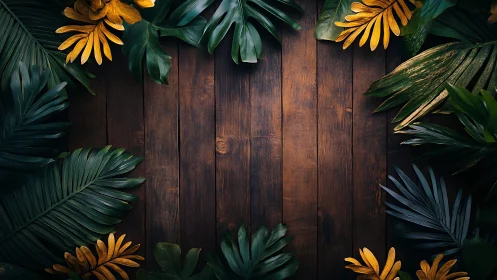 Tropical leaves frame rich wooden planks with empty center