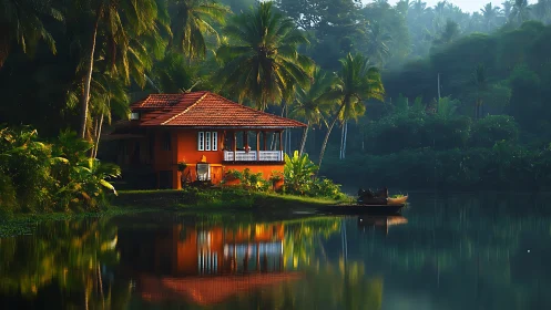 Lakeside tropical house reflects in still morning water.