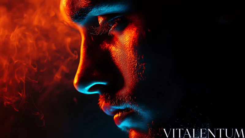Cinematic male profile in dramatic orange blue rim light.