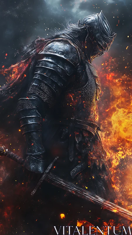 Ashen knight strides through wildfire, armor drinking embers