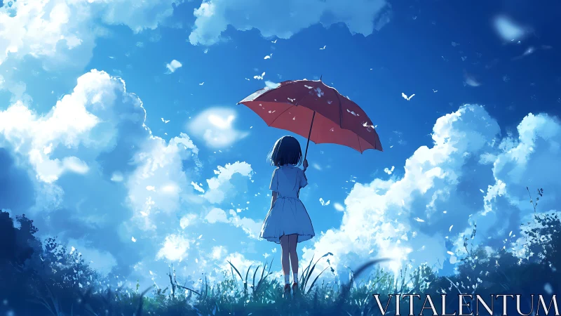 Girl beneath red umbrella under luminous summer clouds.
