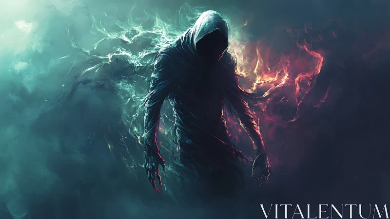 Mysterious hooded spirit walking through swirling fire and mist.
