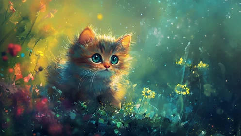 Luminous kitten amid ethereal flowers with chromatic gradient wash