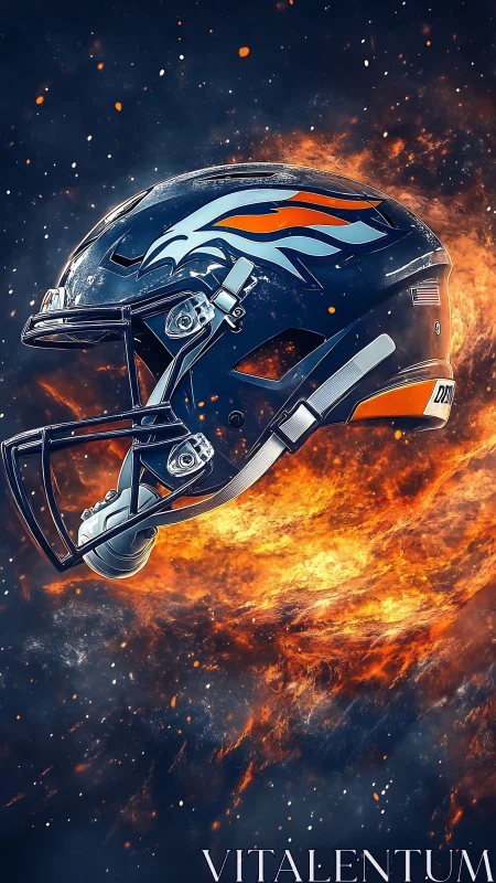 Football helmet floats before fiery, space-like explosion