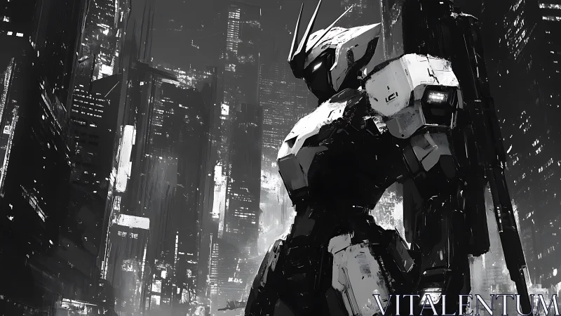 Monochrome combat mech dominates dense neon cityscape.
