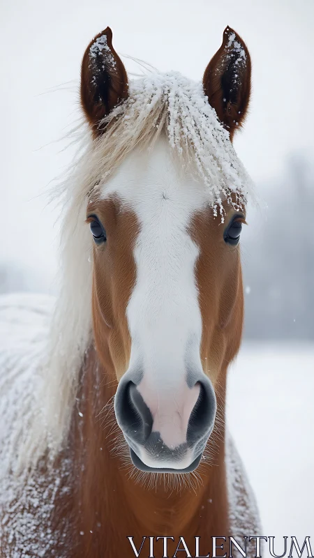 Chestnut horse portrait in winter snow with frosted forelock